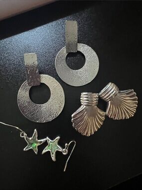 Silver Statement Earrings Trio - Disc, Shell & Star Dangles